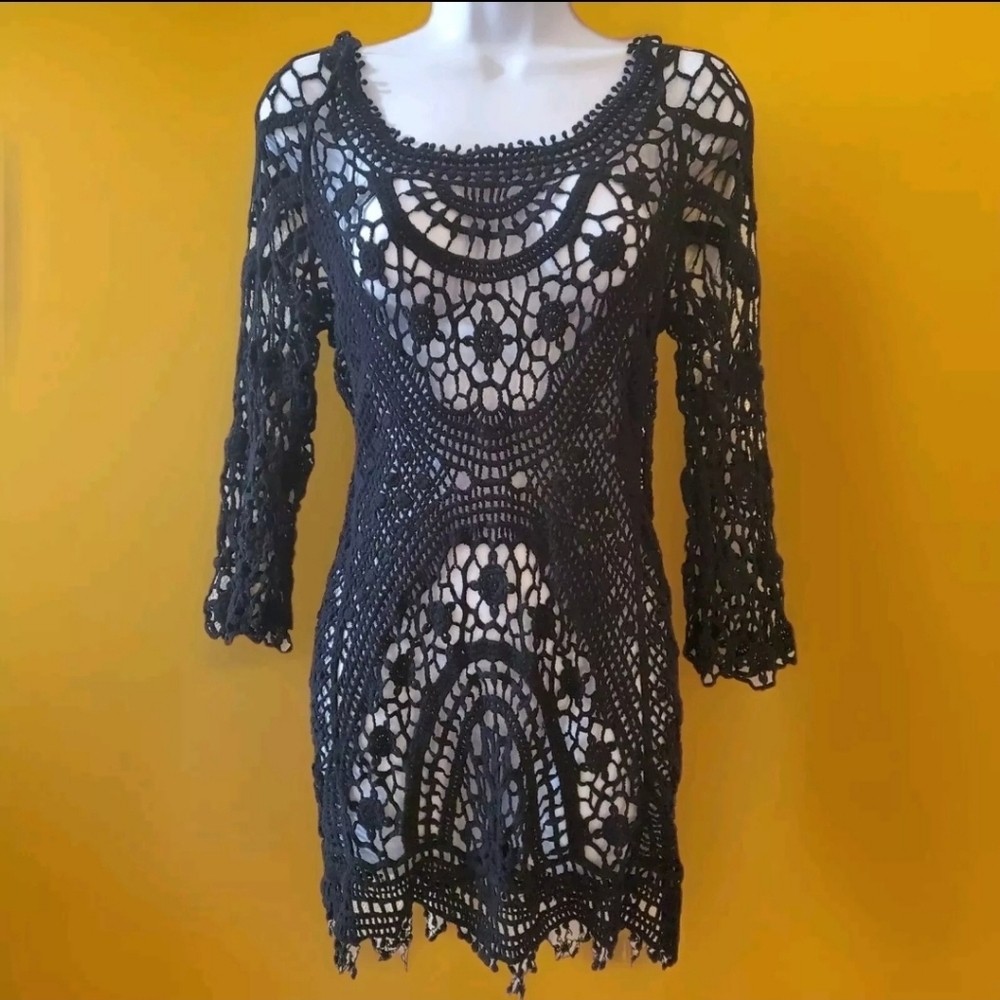 Unbranded Women's Cover-up Knit Crochet See-through Black Long Sleeves Medium